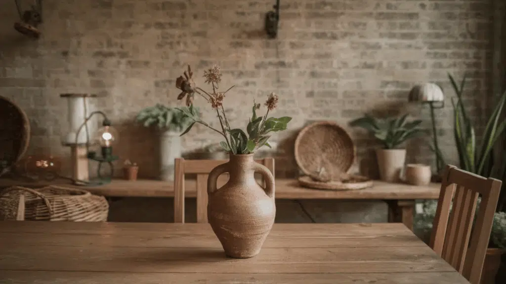 clay vase with flowers on a wooden table with rustic decor and brick wall backdrop