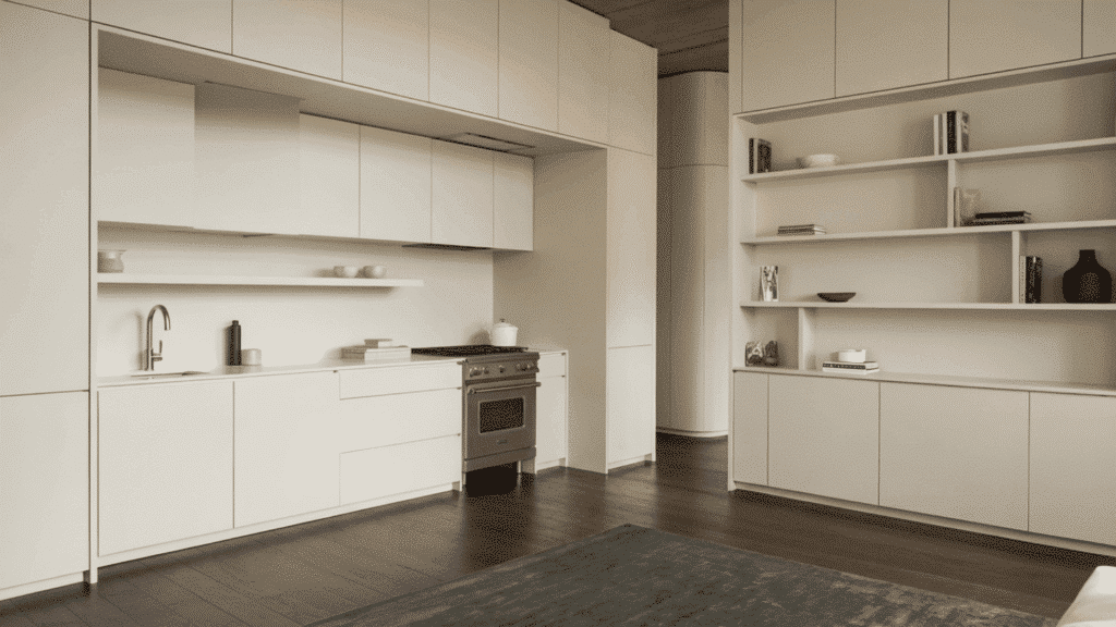 clean lines and smooth surfaces in contemporary design shown through flat-front cabinetry and simple geometric furniture