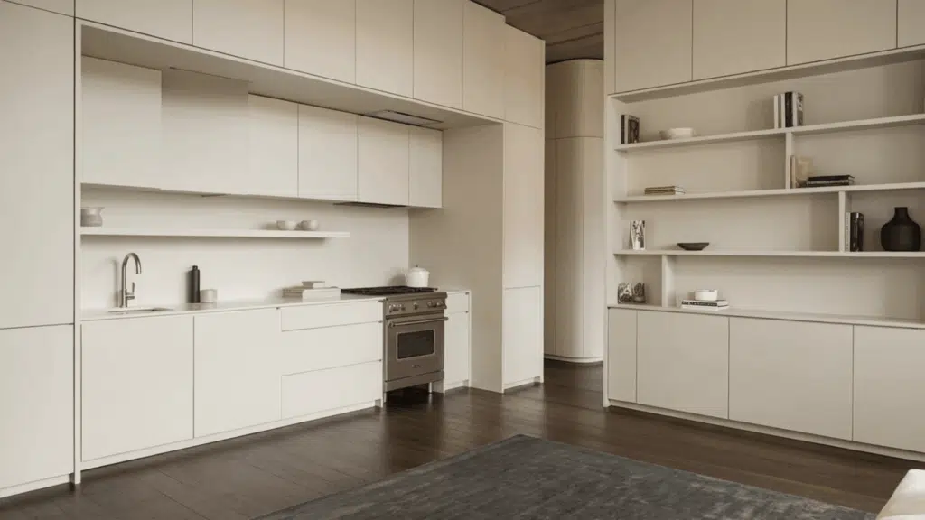 clean lines and smooth surfaces in contemporary design shown through flat-front cabinetry and simple geometric furniture