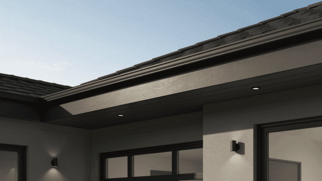 clean non-vented soffit installed under a roof overhang, smooth finish with built-in lighting on a modern residential home.