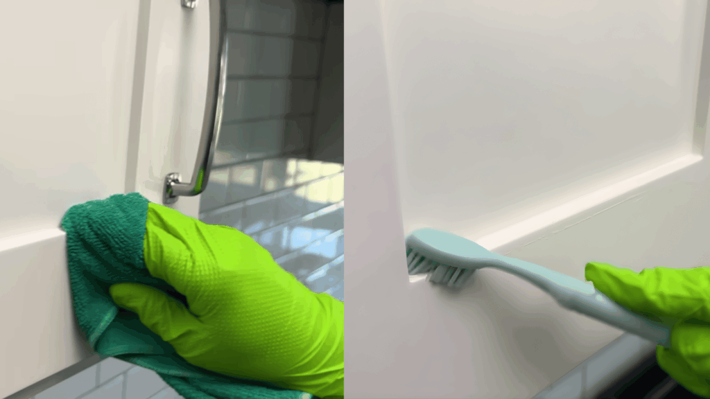 cleaning cabinet handle with microfiber cloth and scrubbing cabinet groove with soft toothbrush.