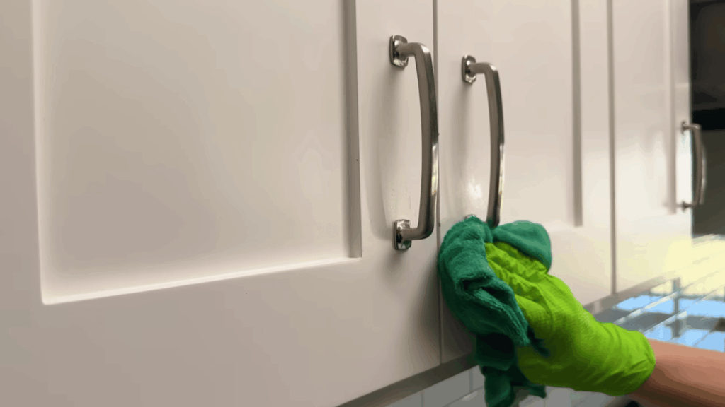 cleaning cabinet handles and edges with cloth for detailed cleaning.
