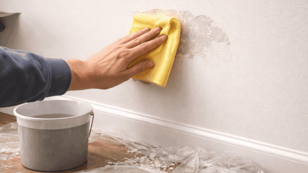 cleaning chipped wall with cloth and bucket preparing surface before repair process begins
