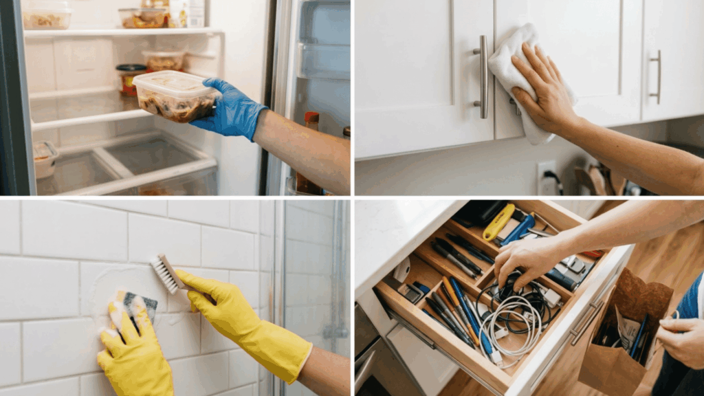 cleaning fridge, wiping cabinets, scrubbing tiles, and organizing drawer with tools and cables in home