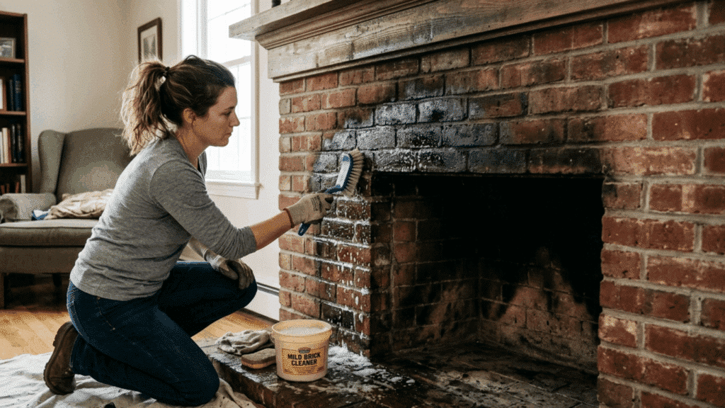 cleaning soot and dirt from a brick fireplace before painting.