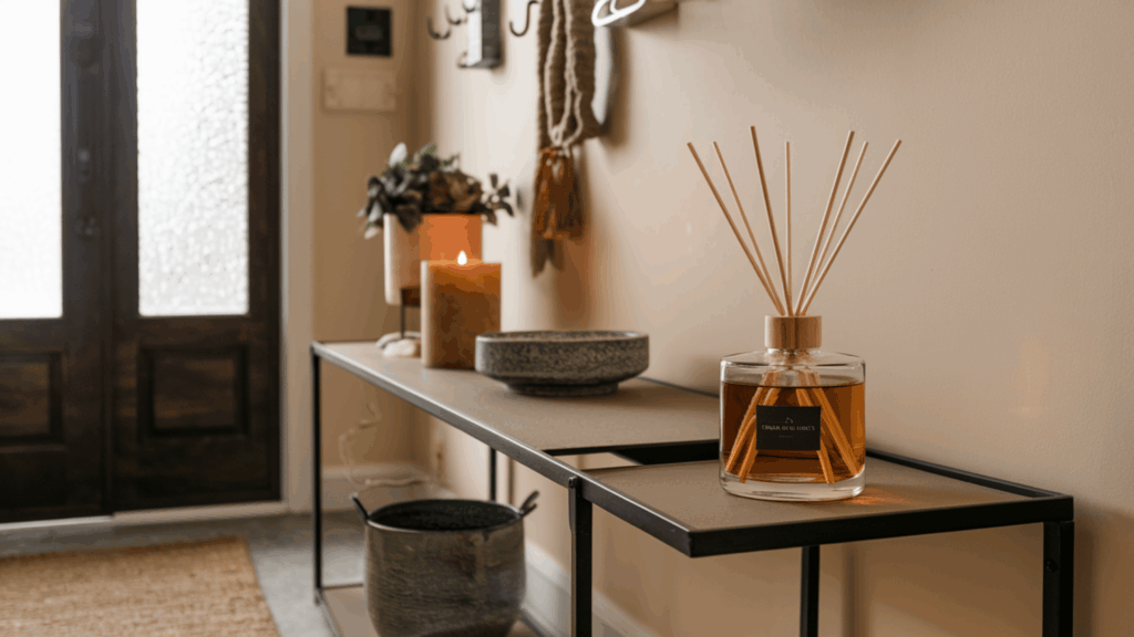 clear glass reed diffuser with natural wooden reeds on a narrow entryway table near the front door in soft warm light