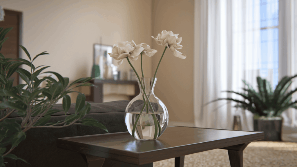 clear glass vase holding three slender white floral stems on a sofa table in a bright airy interior with minimal decor