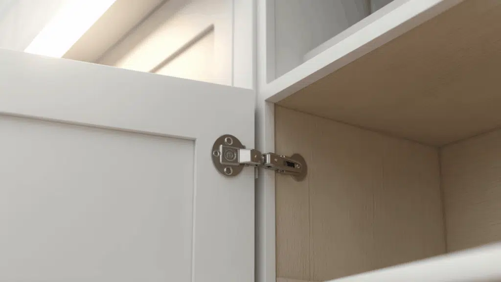 clip on cabinet hinge on an open white modern kitchen cabinet showing the round mounting plates on the door and cabinet frame