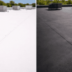 close up comparison of tpo and epdm roofing membranes side by side showing white smooth tpo on the left and dark textured epdm rubber on the right