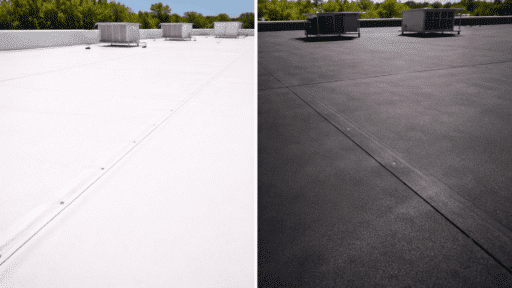 close up comparison of tpo and epdm roofing membranes side by side showing white smooth tpo on the left and dark textured epdm rubber on the right