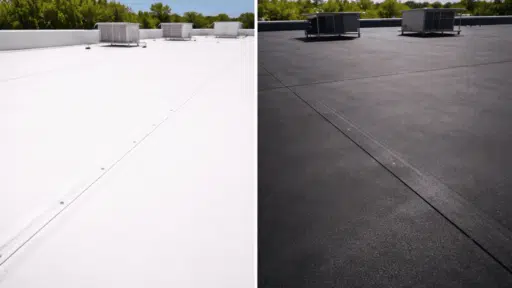 close up comparison of tpo and epdm roofing membranes side by side showing white smooth tpo on the left and dark textured epdm rubber on the right