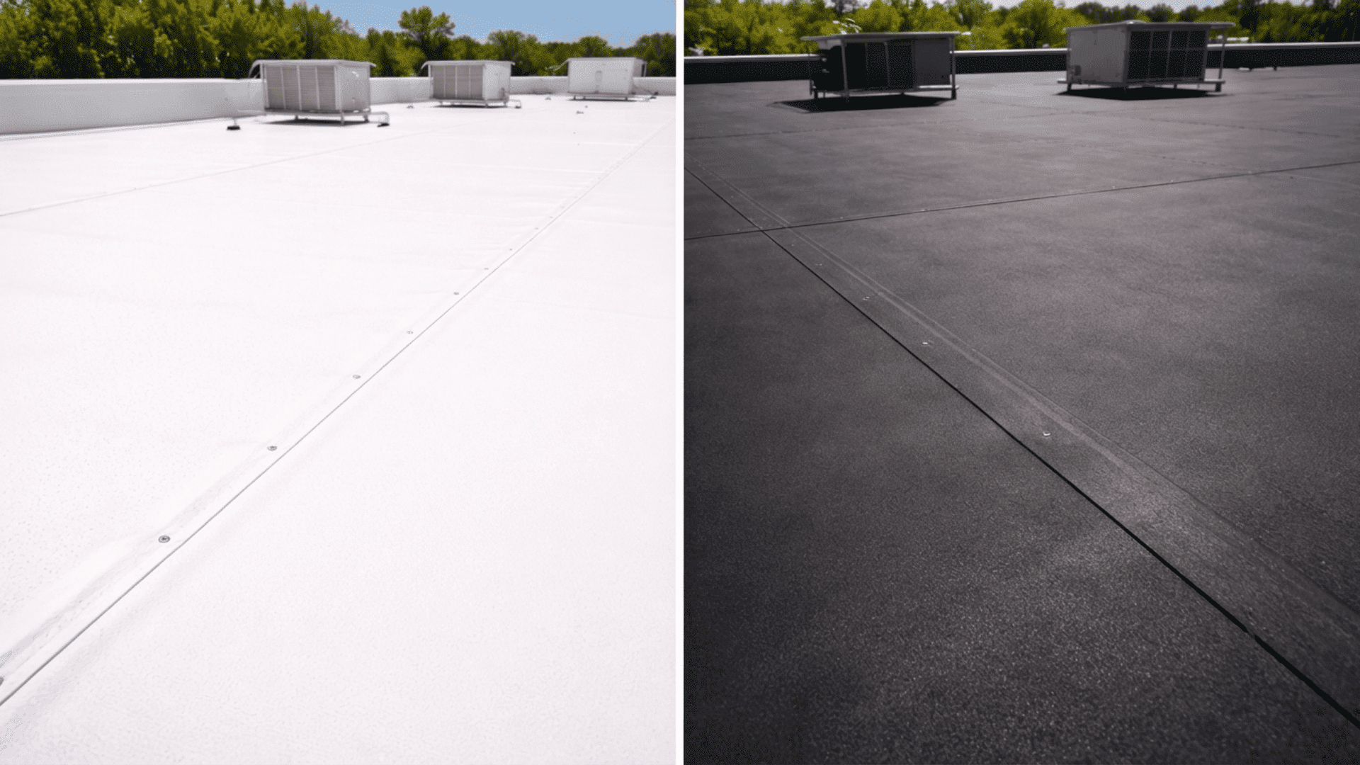 close up comparison of tpo and epdm roofing membranes side by side showing white smooth tpo on the left and dark textured epdm rubber on the right