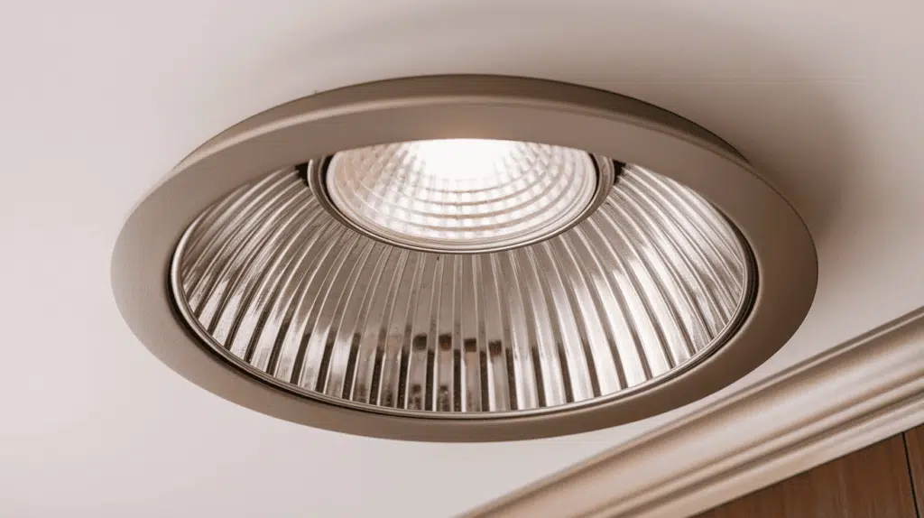 close-up of a reflector trim recessed light on the ceiling