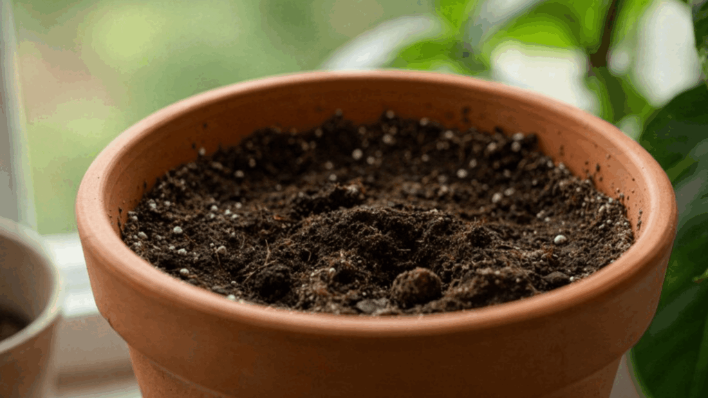 close-up of a terracotta plant pot filled with moist soil, a common breeding environment for fungus gnat larvae in houseplants