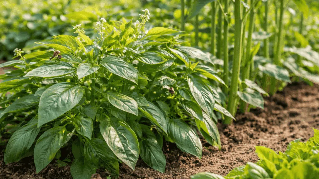 close up of basil and okra plants growing together in a garden bed