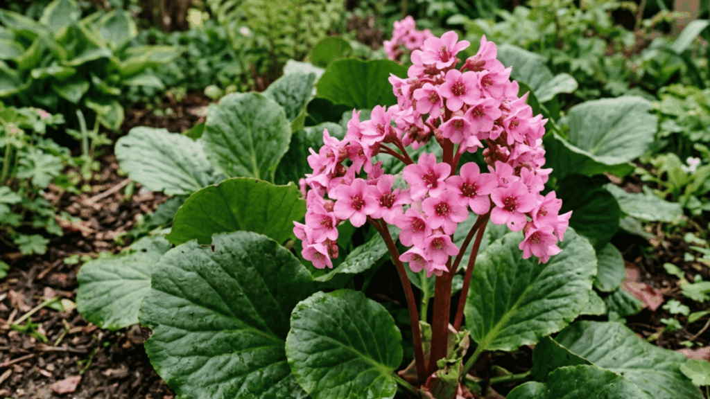 close-up of bergenia pigsqueak plant with pink flower clusters blooming in a garden during early spring