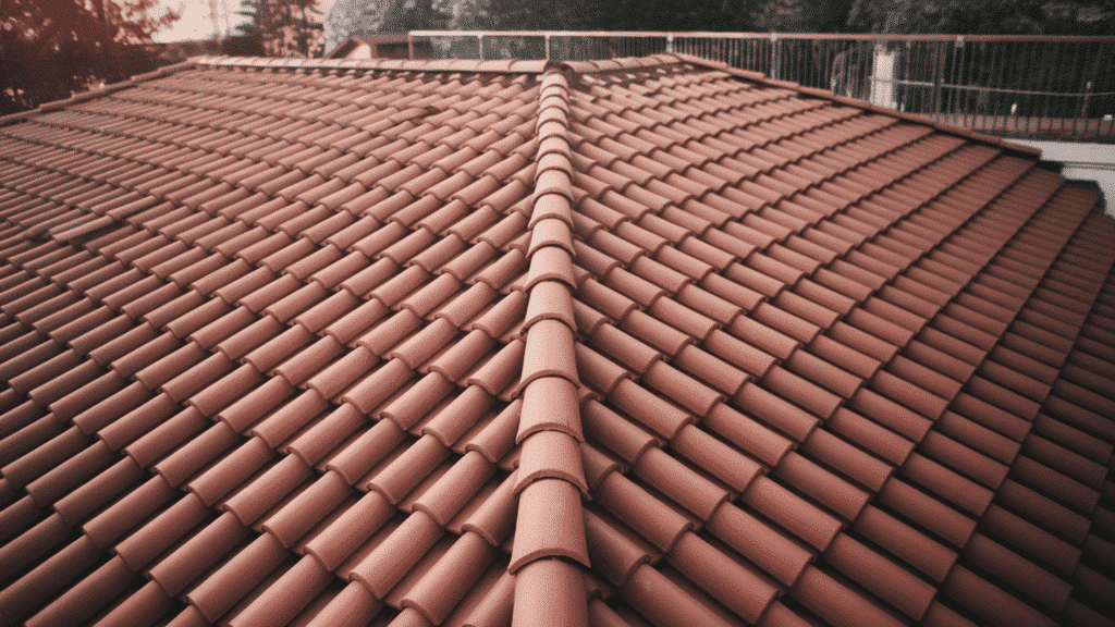 close-up of curved terracotta clay tile shingles on a sloped roof with ridge detail under warm sunlight