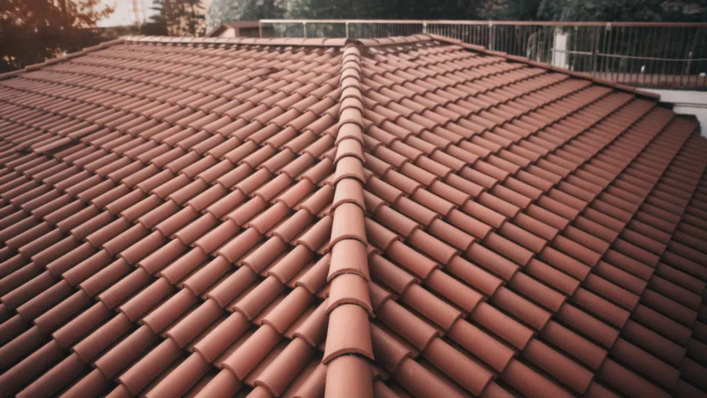 close-up of curved terracotta clay tile shingles on a sloped roof with ridge detail under warm sunlight