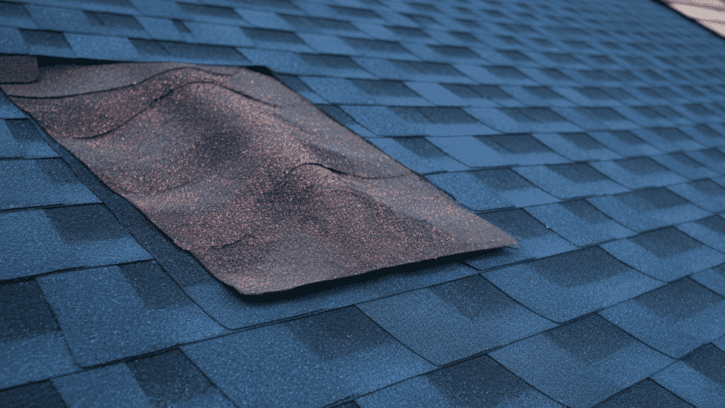 close-up of damaged fiberglass asphalt roof shingles with lifted and buckled section on dark blue shingle roof