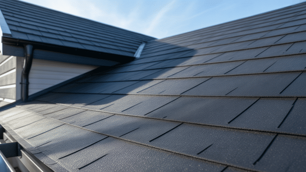 close-up of dark grey rubber roof shingles installed on a modern home rooftop with gutters and blue sky in the background.