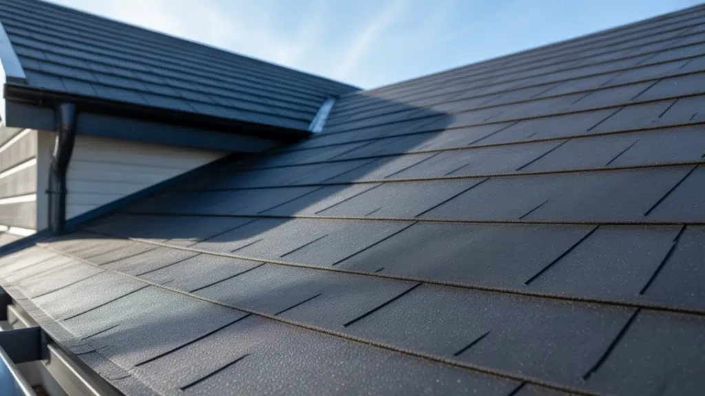 close-up of dark grey rubber roof shingles installed on a modern home rooftop with gutters and blue sky in the background.