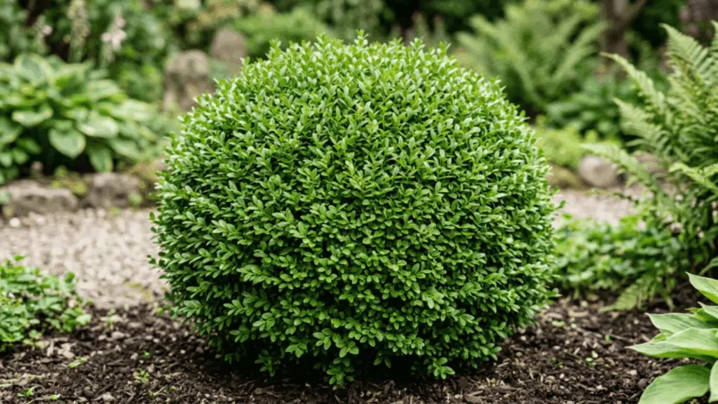 close up of dense boxwood shrub with small green leaves in soft light plant fully visible not cut from above showing compact rounded foliage clearly in focus