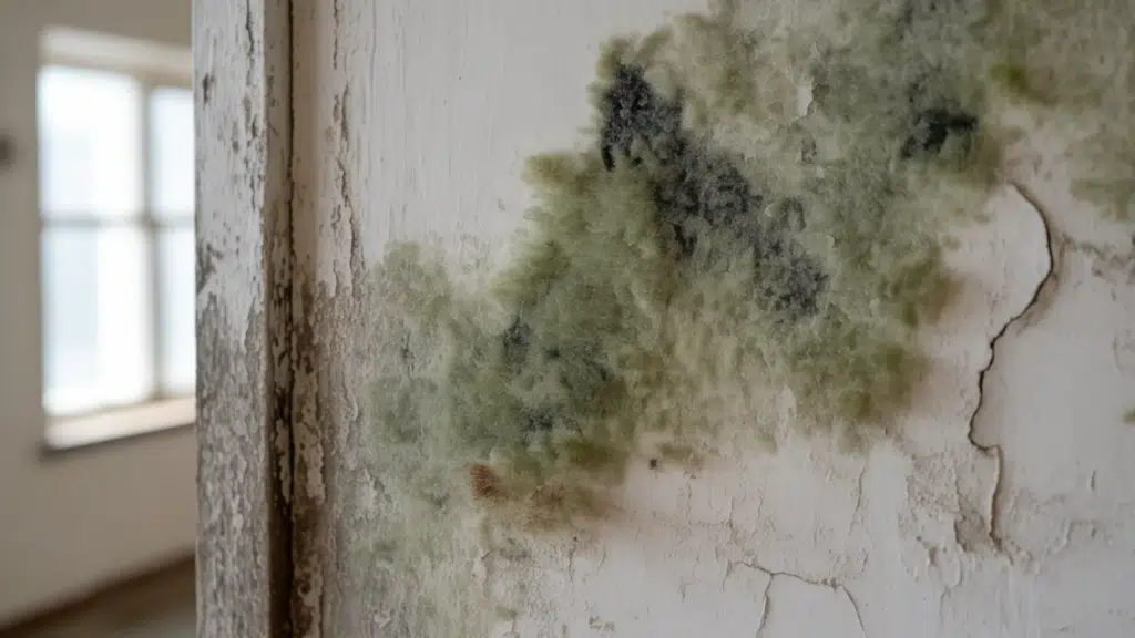 close up of green and black mold growing along a cracked, peeling interior wall near a window, showing clear signs of moisture damage