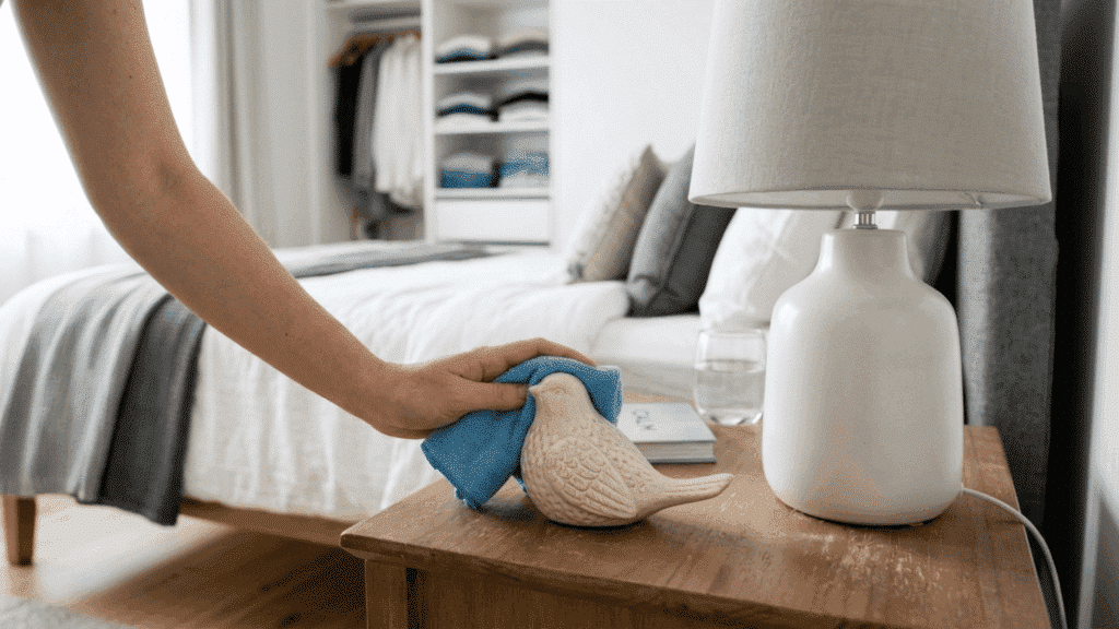 close-up of hand dusting a bedside table with a cloth, decorative object and lamp in a clean, bright bedroom setting