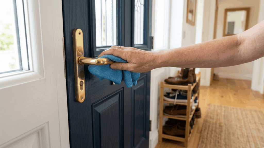 close-up of hand wiping a door handle with a cloth, cleaning a front door in a bright and tidy home entryway