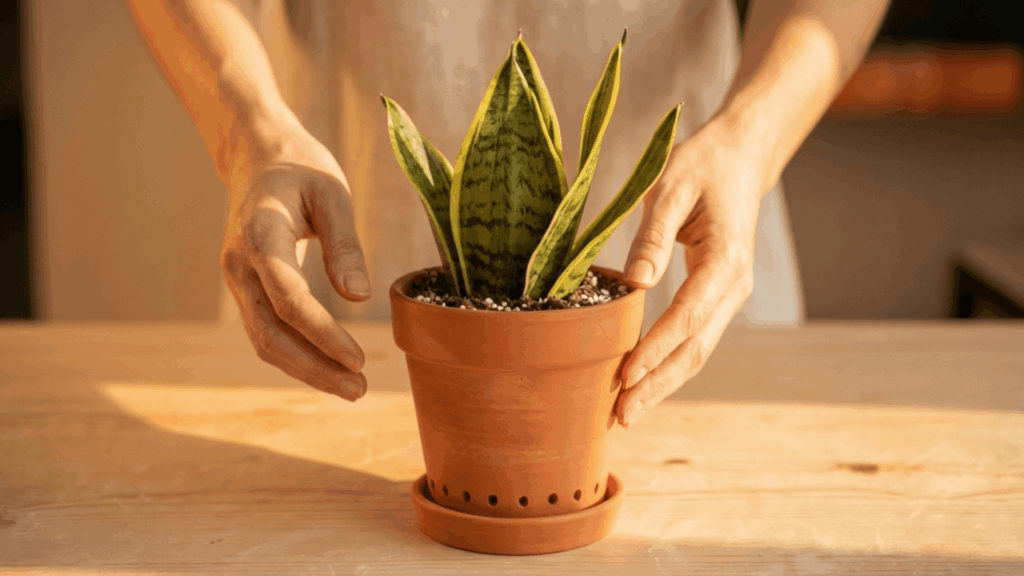 close up of hands tilting a terracotta pot to show drainage holes at the bottom with a healthy snake plant sitting inside the pot