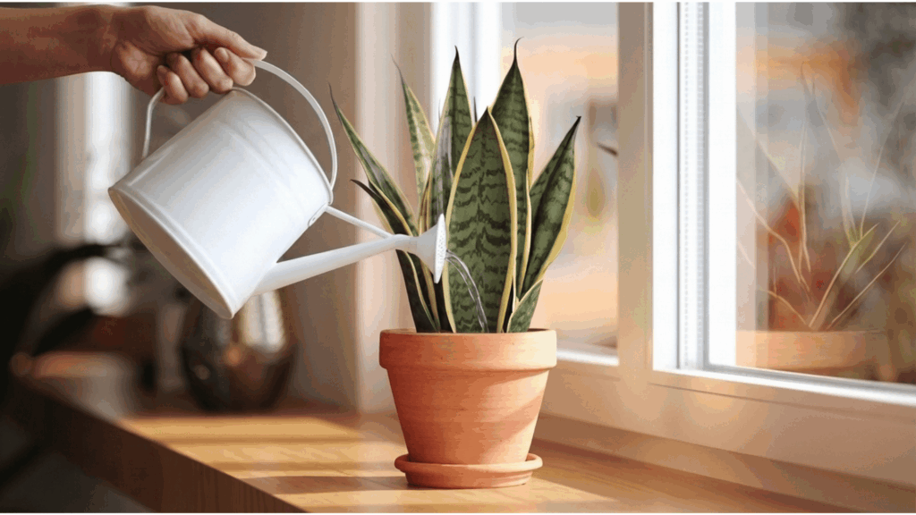 close up of hands watering a snake plant in a terracotta pot with a small white watering can showing the correct amount of water to use