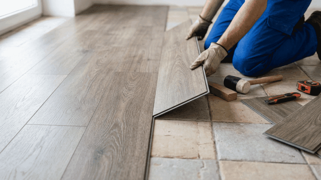 close-up of luxury vinyl plank flooring being installed over tile surface.