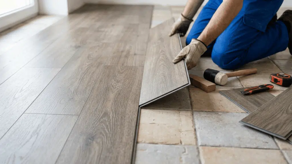 close-up of luxury vinyl plank flooring being installed over tile surface.