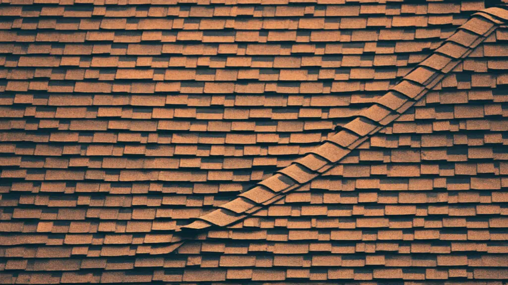 close-up of old organic asphalt roof shingles with layered texture and visible wear along roof ridge line