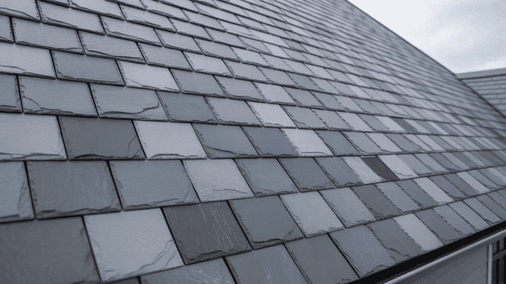 close-up of synthetic slate roof shingles in gray tones with textured surface and overlapping pattern on sloped roof