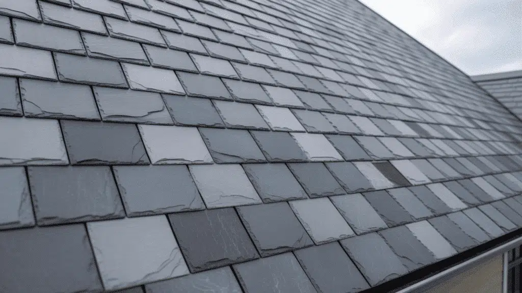 close-up of synthetic slate roof shingles in gray tones with textured surface and overlapping pattern on sloped roof