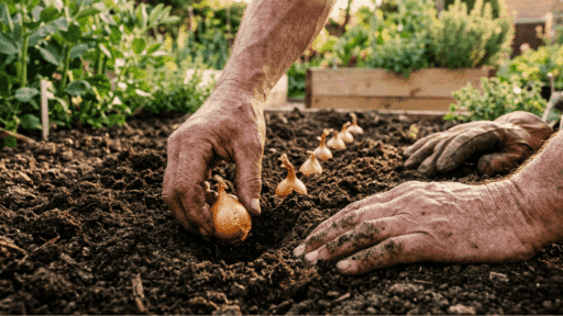 close-up of weathered hands pressing a small yellow onion bulb into dark garden soil in a wooden raised garden bed