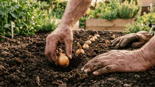 close-up of weathered hands pressing a small yellow onion bulb into dark garden soil in a wooden raised garden bed