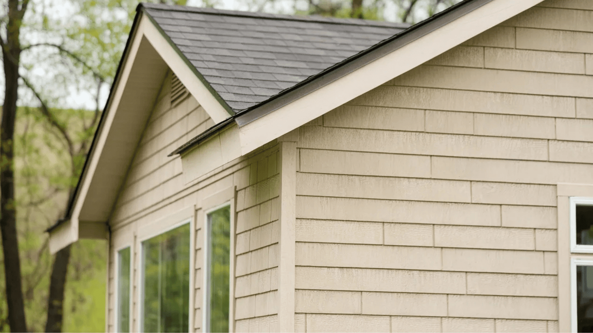 close-up view of a house corner featuring beige vinyl siding with a dark roof, showcasing a clean, modern design and large windows