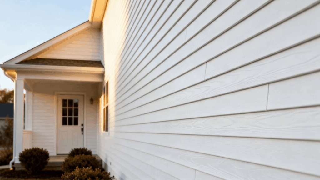 close-up view of a white house exterior showcasing vinyl siding panels, featuring a clean and smooth finish with natural lighting highlighting the texture