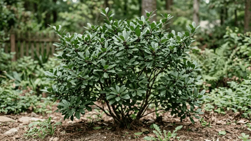 close view of inkberry holly shrub with dark green leaves natural loose form in diffused light plant fully visible not cut from above with soft background blur