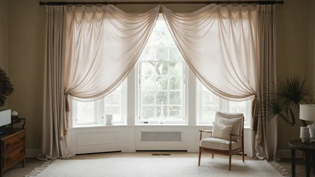 cloud white linen drapes gently filtering sunlight in a modern living room, adding soft texture and natural elegance