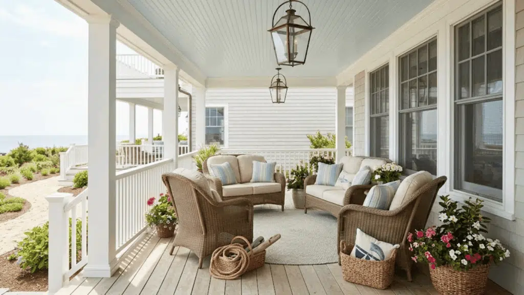 coastal-style porch with light blue beadboard ceiling, white railings and columns, wicker seating with blue cushions, ocean view, and hanging lantern lights.
