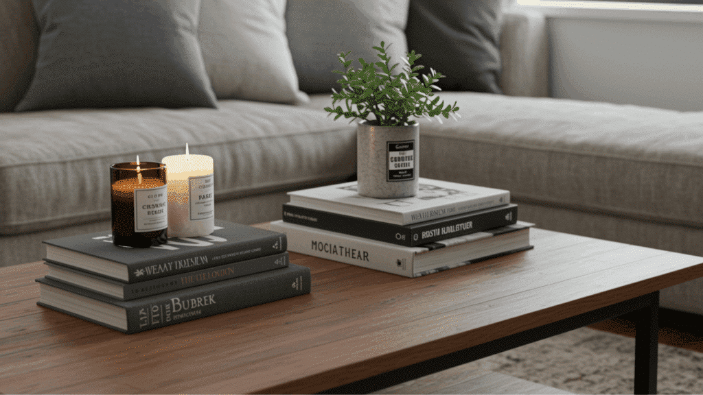 coffee table with stacked books, candles, small plant, and gray sofa in background, creating a cozy modern living room feel