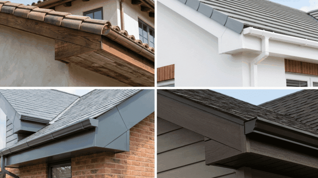 collage of four house roof edges showing different fascia styles materials and gutter designs on residential homes