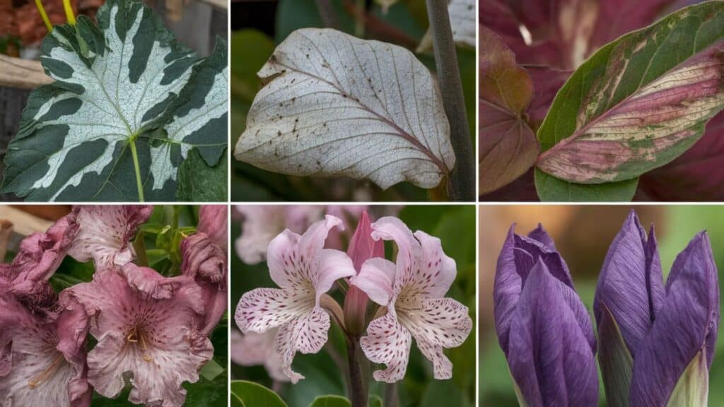 collage showing common signs of thrips damage on plants, including leaves with silvery streaks, tiny black specks, discoloration, distorted foliage, faded flowers, and deformed buds