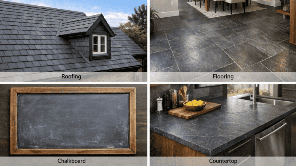 collage showing four uses of slate rock roofing, flooring tiles, chalkboard, and kitchen countertop in real settings