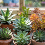 collection of colorful succulent plants in small terracotta pots arranged on a windowsill with natural sunlight illuminating the leaves