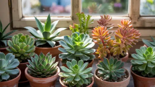 collection of colorful succulent plants in small terracotta pots arranged on a windowsill with natural sunlight illuminating the leaves