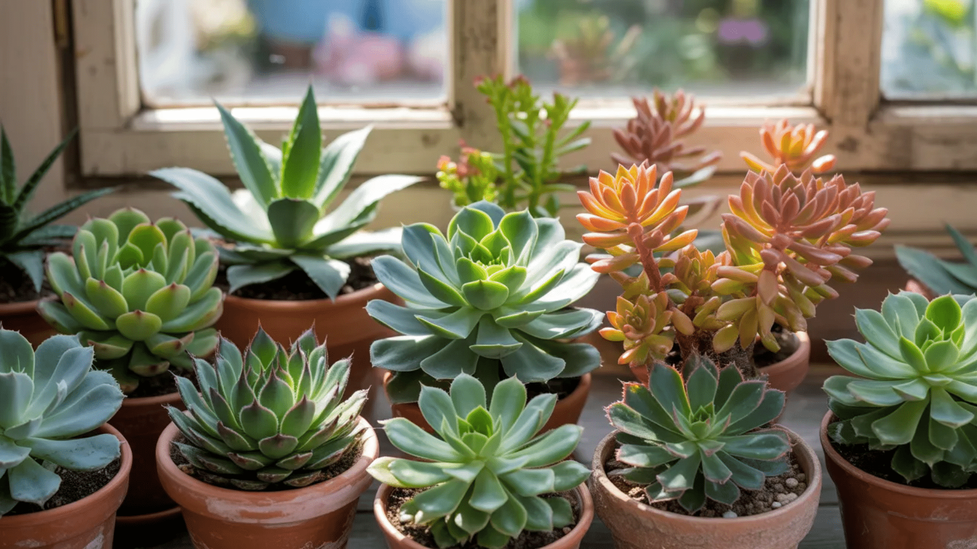 collection of colorful succulent plants in small terracotta pots arranged on a windowsill with natural sunlight illuminating the leaves